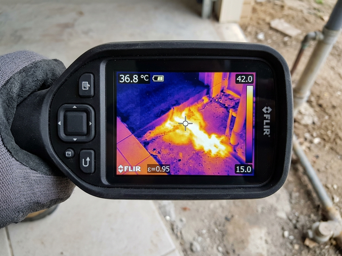 Thermal imaging display identifying hot water line leak beneath floor in Port Orange