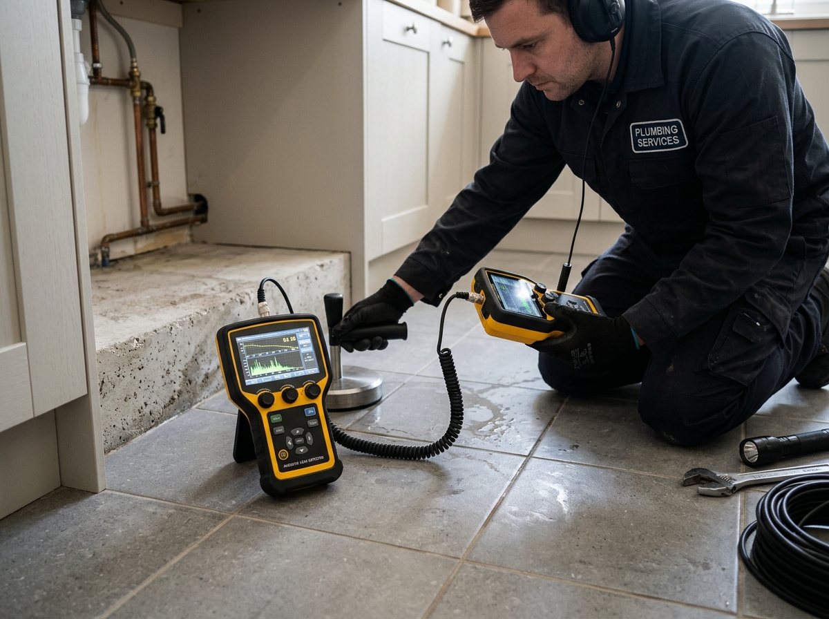 Plumbing technician utilizing digital acoustic detection equipment on a concrete slab in Port Orange